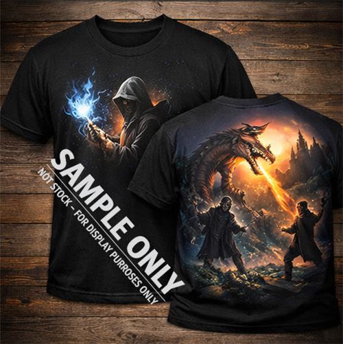 Example custom print design on a black t-shirt