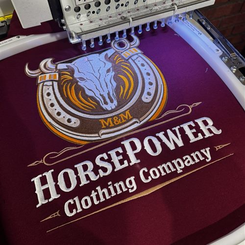 HorsePower Clothing Company logo embroidery in production