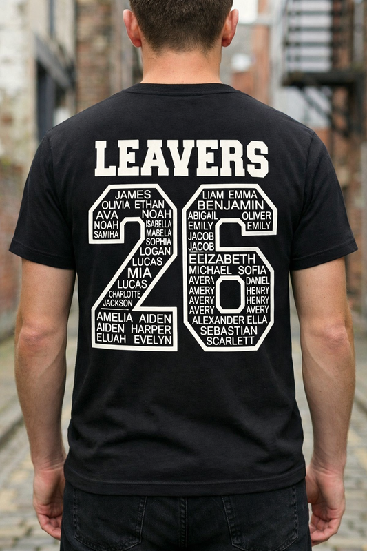 Person wearing a black t-shirt with 'LEAVERS 2026' printed on the back.